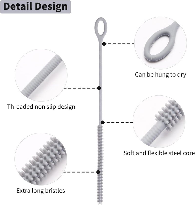 Kimryde Silicone Straw Cleaner Brush, 2Pcs Reusable Straw Brush Extra Long for Cleaning Tumbler with Handle and Glass Metal Smoothie Straws, Non-slip Handle Soft and Bendable, 6mm+9mm (Gray) - Image 3